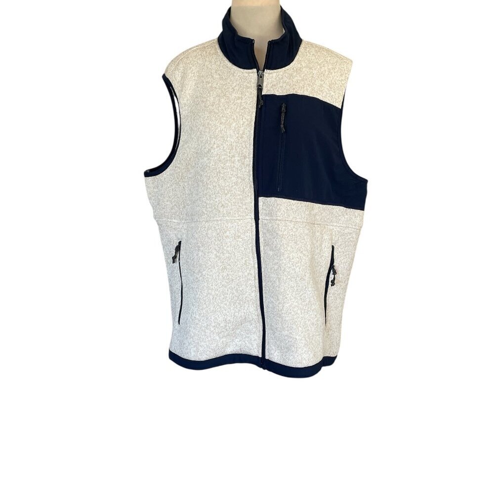George Men's Fleece Tan/Navy Faux Fur Lined, Full Zip Vest, Size XL EUC